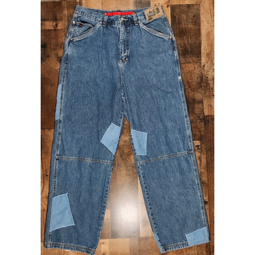 Vintage Vokal Baggy Jeans Men 32x30 Blue Y2K Grunge Denim Patchwork Wide Leg 90s